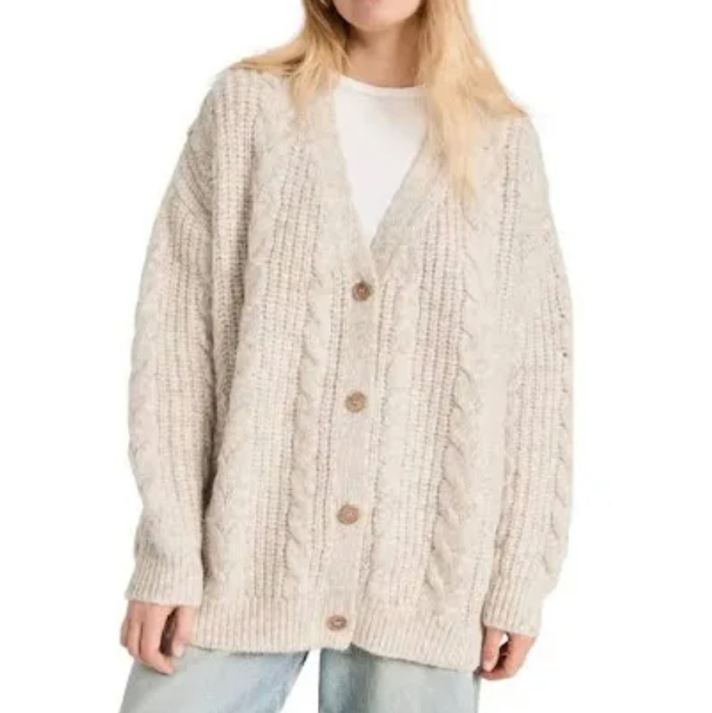 Jenni Kayne Cable Knit Cacoon Alpaca Merino Wool Cream Cardigan Oversized Size L